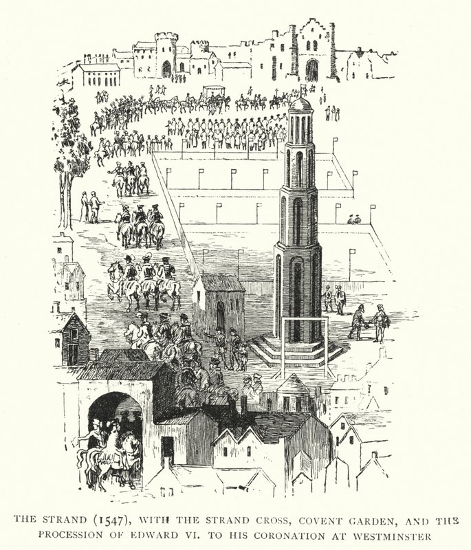 The Strand, 1547, mit dem Strandkreuz, Covent Garden, und der Prozession von Edward VI zu seiner Krönung in Westminster von English School