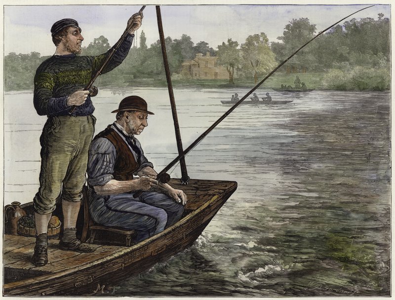 Ein Mitglied eines Thames Angling Club von English School