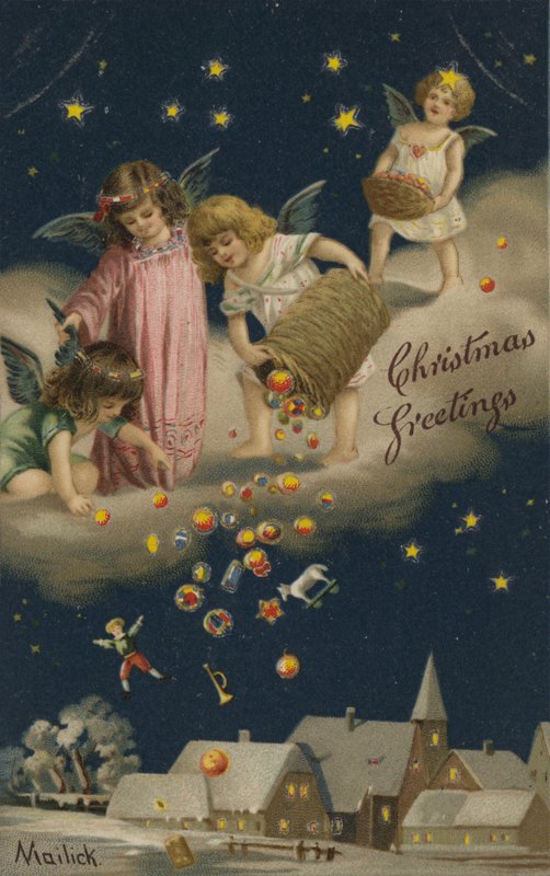 Engel schütten Weihnachtsgeschenke auf die Erde von English School