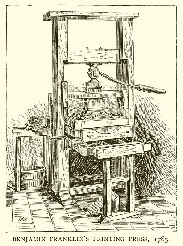 Benjamin Franklins Druckerpresse, 1785 von English School