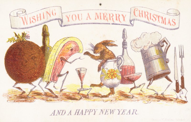 Tanzende Lebensmittel, Besteck und Geschirr, Weihnachtskarte von English School