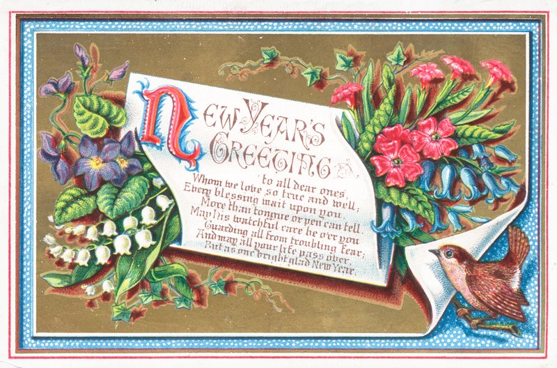 Blumen und Vogel, Neujahrskarte von English School
