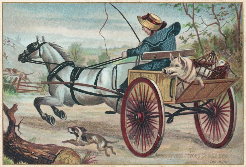 Galoppierendes Pferd und Wagen, Weihnachtskarte von English School
