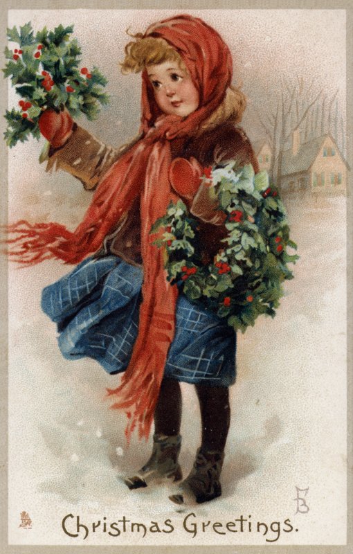 Mädchen verkauft Stechpalmen und Weihnachtskränze (Chromolithografie) von English School