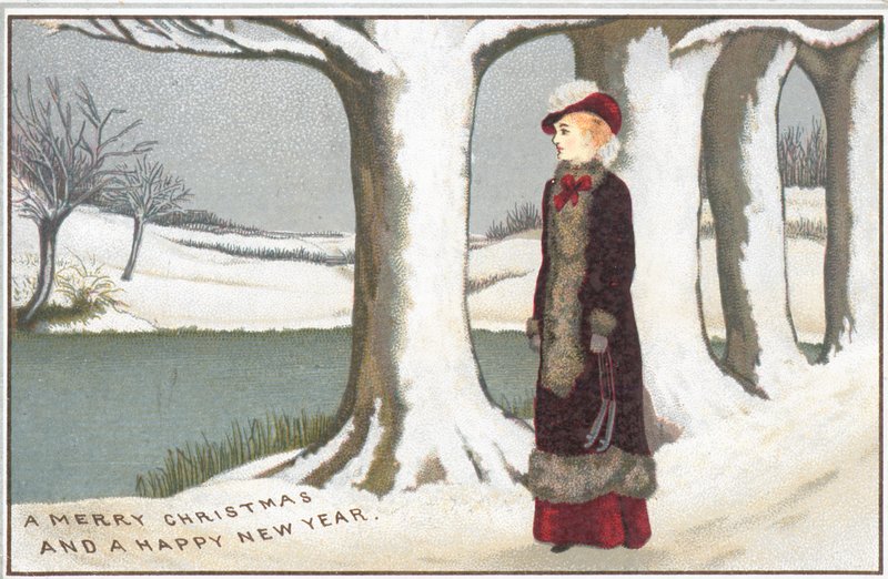 Dame am Seeufer stehend, Weihnachtskarte von English School