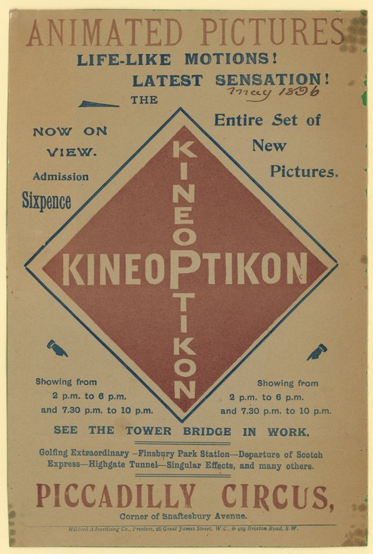 Flugblatt, das den Kineoptikon, Piccadilly Circus bewirbt von English School