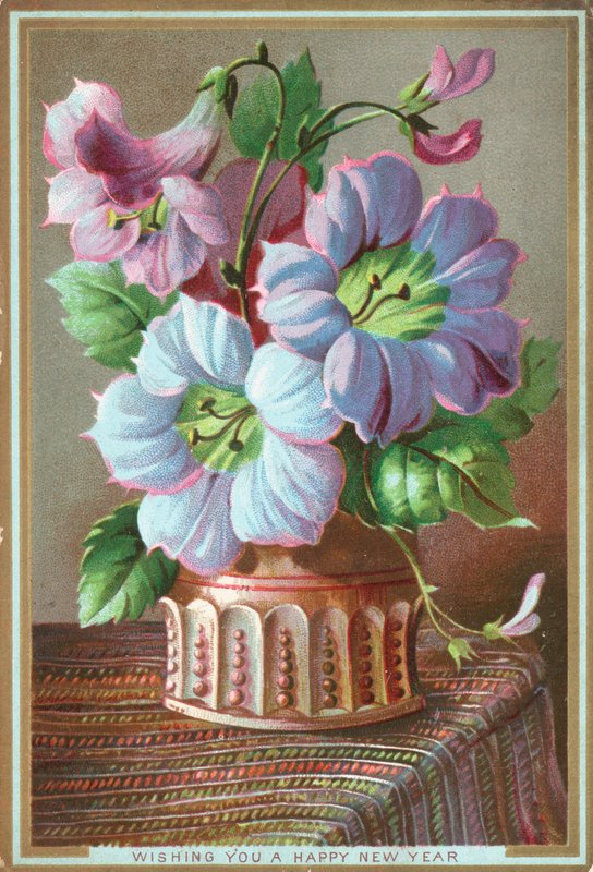 Lilien in Vase, Neujahrskarte (Chromolithografie) von English School
