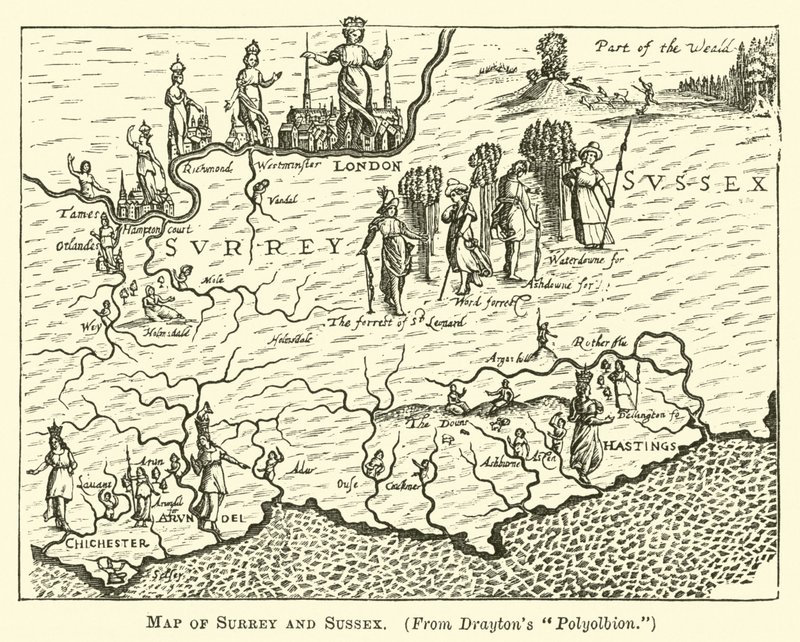 Karte von Surrey und Sussex von English School
