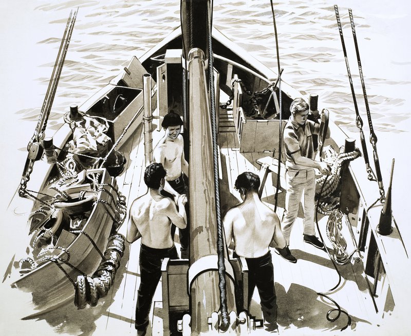 Männer an Bord eines Segelschiffs von English School