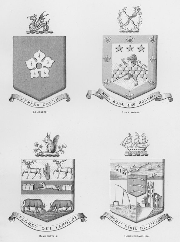 Wappen: Leicester; Leamington; Rawtenstall; Southend-on-Sea von English School