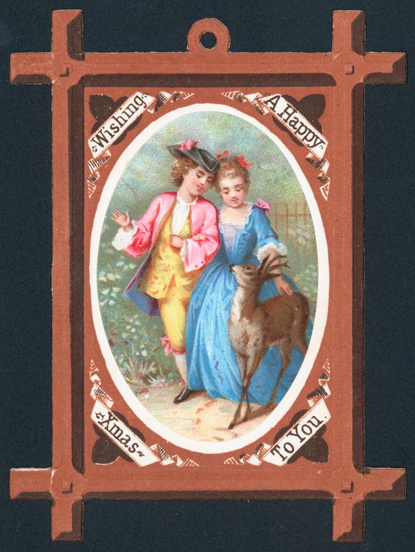 Romantisches Paar mit Hirsch, Weihnachtskarte von English School