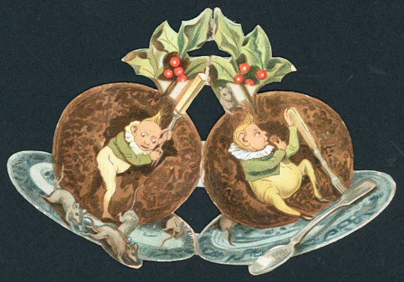 Zwei Pflaumenpuddings, Weihnachtskarte von English School