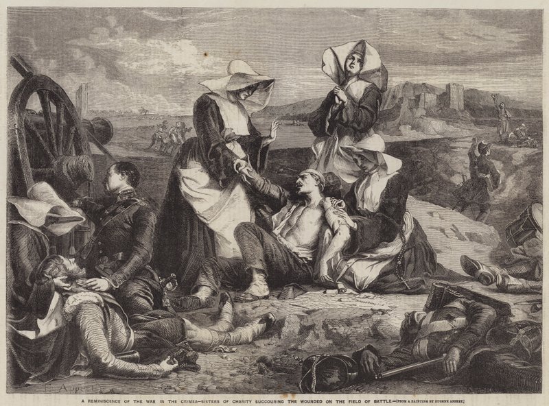 Eine Erinnerung an den Krieg auf der Krim, Barmherzige Schwestern helfen den Verwundeten auf dem Schlachtfeld von Eugene Appert