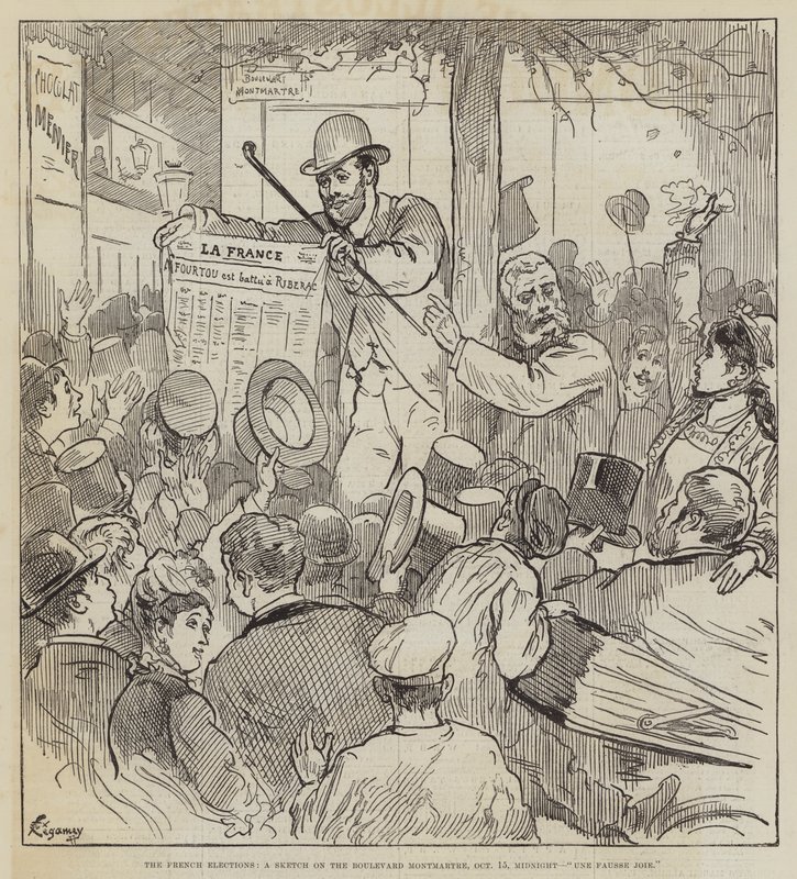 Die französischen Wahlen, eine Skizze auf dem Boulevard Montmartre, 15. Oktober, Mitternacht, Une Fausse Joie von Felix Regamey