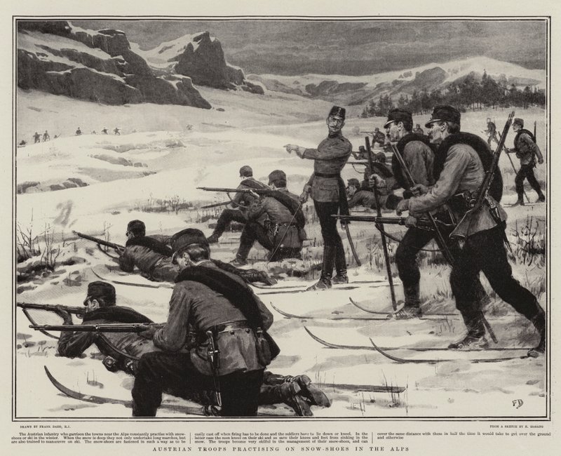 Österreichische Truppen üben auf Schneeschuhen in den Alpen von Frank Dadd
