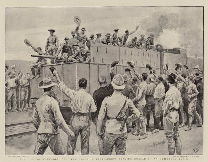 Die besten Kameraden, Soldaten jubeln Bluejackets, die Durban in einem gepanzerten Zug verlassen von Frank Dadd
