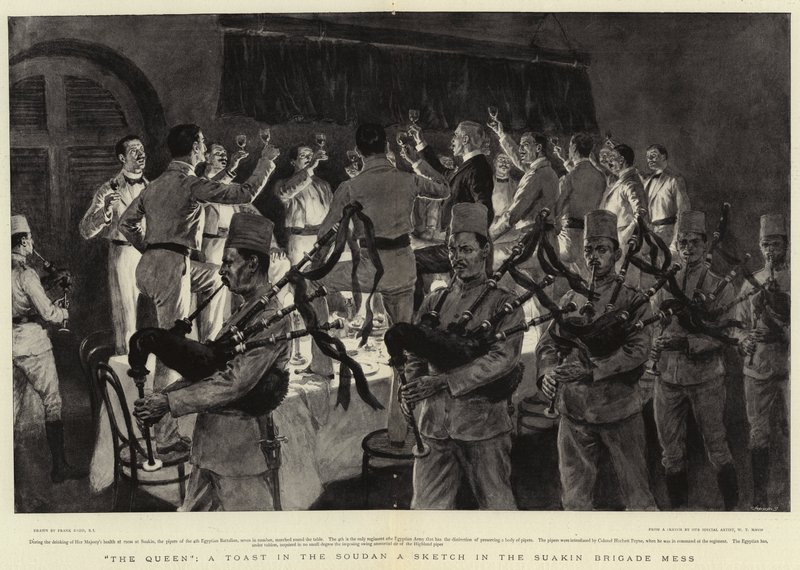 Die Königin, ein Toast im Sudan, eine Skizze im Suakin-Brigade-Mess von Frank Dadd