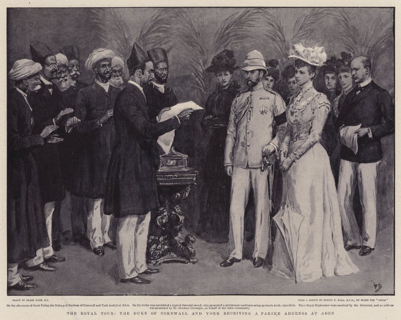 Die königliche Tour, der Herzog von Cornwall und York erhält eine Parsee-Adresse in Aden von Frank Dadd