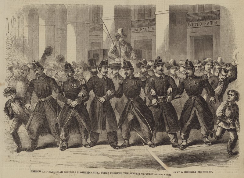 Französische und sardische Soldaten singen Kriegslieder durch die Straßen von Turin von Frank Vizetelly