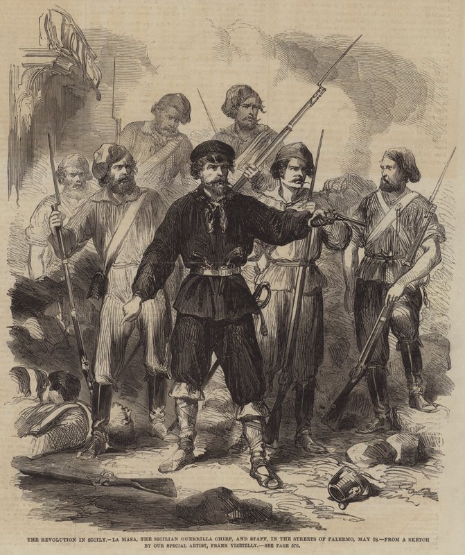 Die Revolution in Sizilien, La Masa, der sizilianische Guerillaführer, und Stab, in den Straßen von Palermo, 28. Mai von Frank Vizetelly
