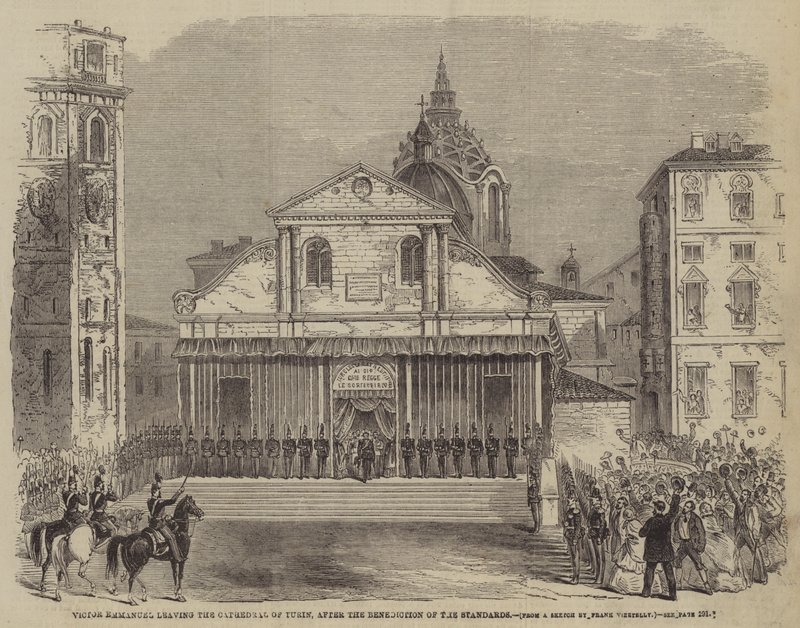 Victor Emmanuel verlässt die Kathedrale von Turin nach der Segnung der Standarten von Frank Vizetelly
