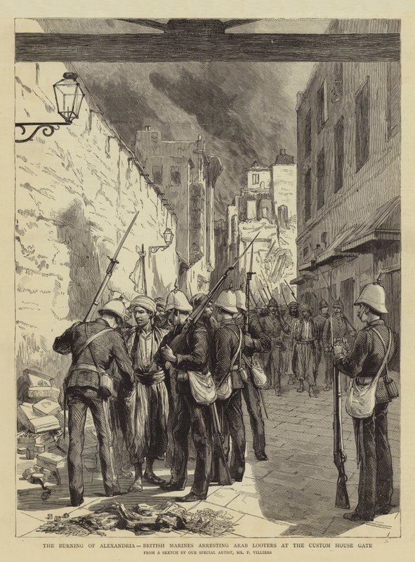 Die Verbrennung von Alexandria, britische Marinesoldaten verhaften arabische Plünderer am Zolltor von Frederic Villiers