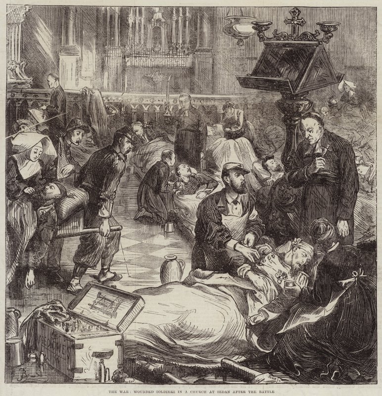 Der Krieg, verwundete Soldaten in einer Kirche in Sedan nach der Schlacht von Frederick Barnard