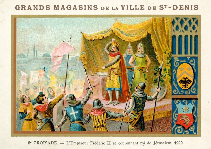Der Kaiser Friedrich II. krönt sich selbst zum König von Jerusalem, 6. Kreuzzug, 1229 von French School