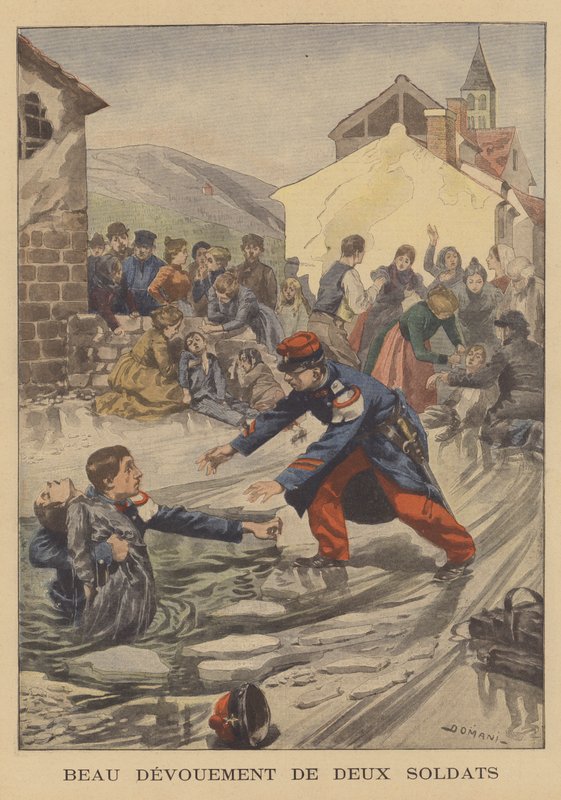 Zwei Soldaten retten eine Gruppe von Kindern, die durch das Eis eines zugefrorenen Teichs eingebrochen sind von French School