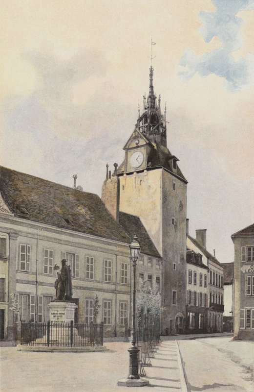 Beaune, Glockenturm und Statue von G. Monge von French Photographer