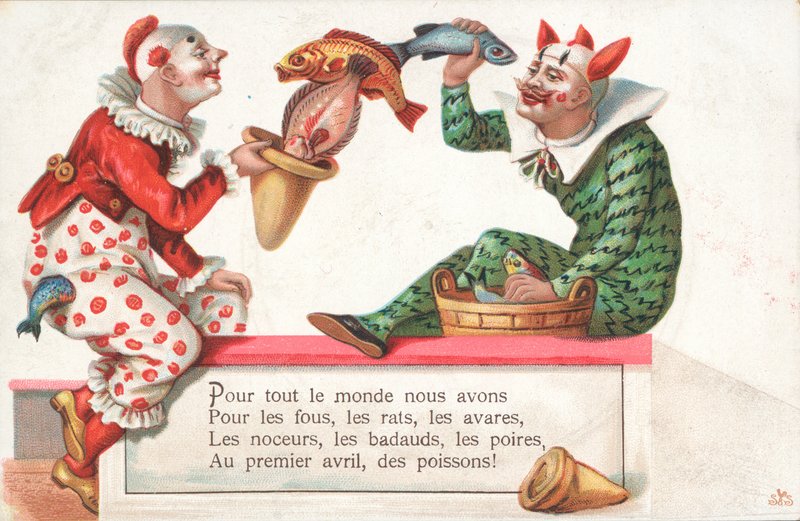 Clowns jonglieren Fische für den 1. April von French School
