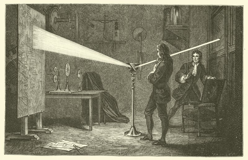 Isaac Newton zerlegt Licht (Stich) von French School