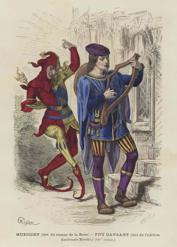 Musiker und tanzender Narr, 14. Jahrhundert von French School