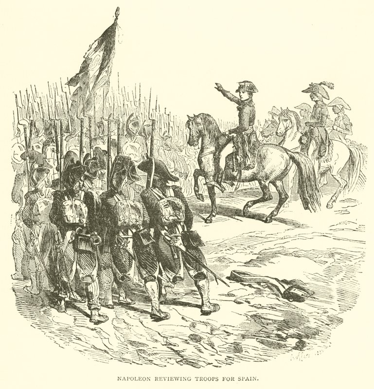 Napoleon inspiziert Truppen für Spanien (Stich) von French School