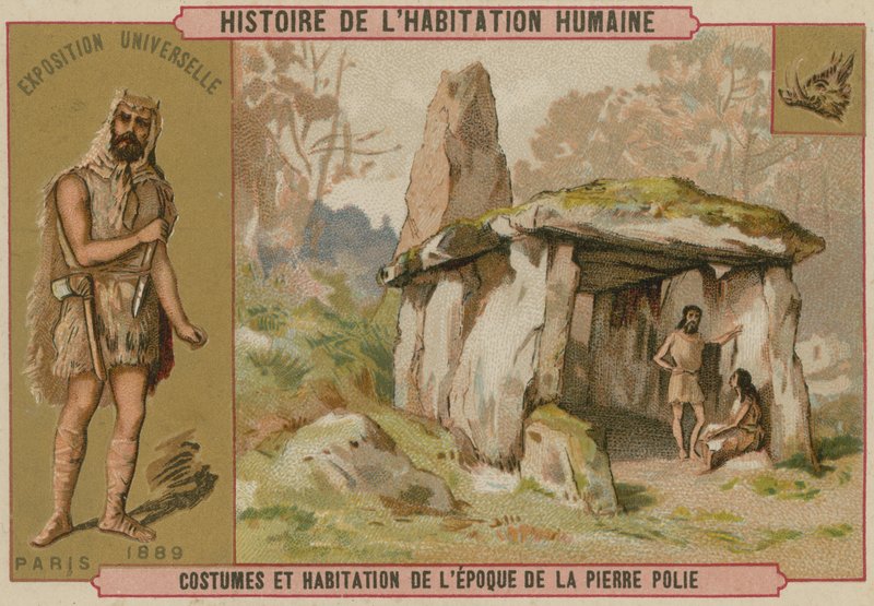 Neolithische Trachten und Behausungen von French School