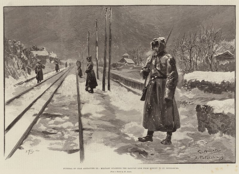 Beerdigung von Zar Alexander III., Militär bewacht die Eisenbahnlinie von Moskau nach St. Petersburg von G.S. Amato