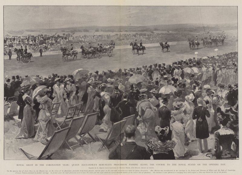 Royal Ascot im Krönungsjahr, Queen Alexandras Halbstaatsprozession entlang der Strecke zur königlichen Tribüne am Eröffnungstag von G.S. Amato