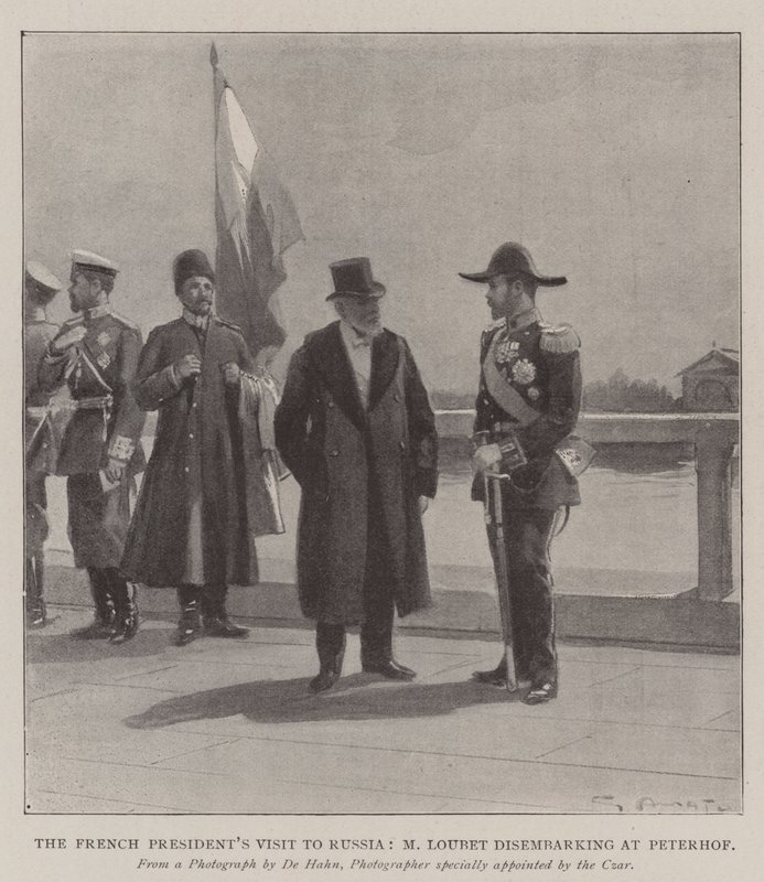 Der Besuch des französischen Präsidenten in Russland, M. Loubet beim Aussteigen in Peterhof von G.S. Amato