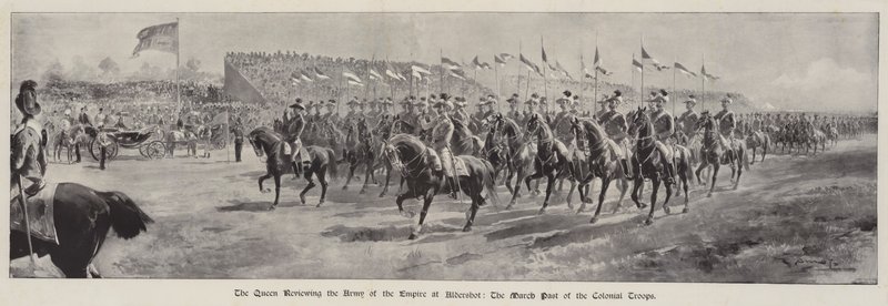 Die Königin inspiziert die Armee des Empire in Aldershot, der Vorbeimarsch der Kolonialtruppen von G.S. Amato