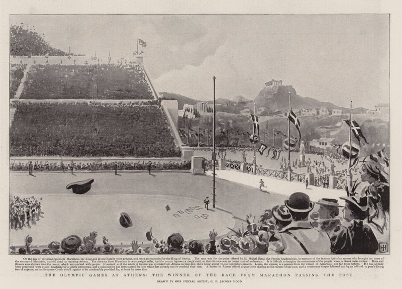 Die Olympischen Spiele in Athen, der Sieger des Marathons erreicht das Ziel von George Percy Jacomb Hood