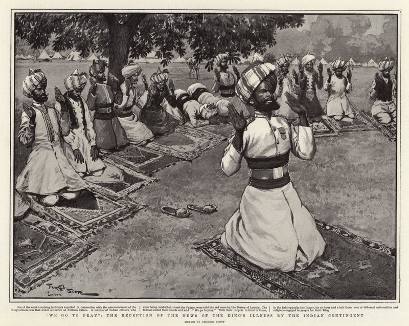 Wir gehen beten, die Nachricht von der Krankheit des Königs durch das indische Kontingent von Georges Bertin Scott