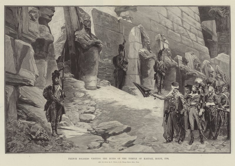 Französische Soldaten besuchen die Ruinen des Tempels von Karnak, Ägypten, 1798 von Georges Clairin