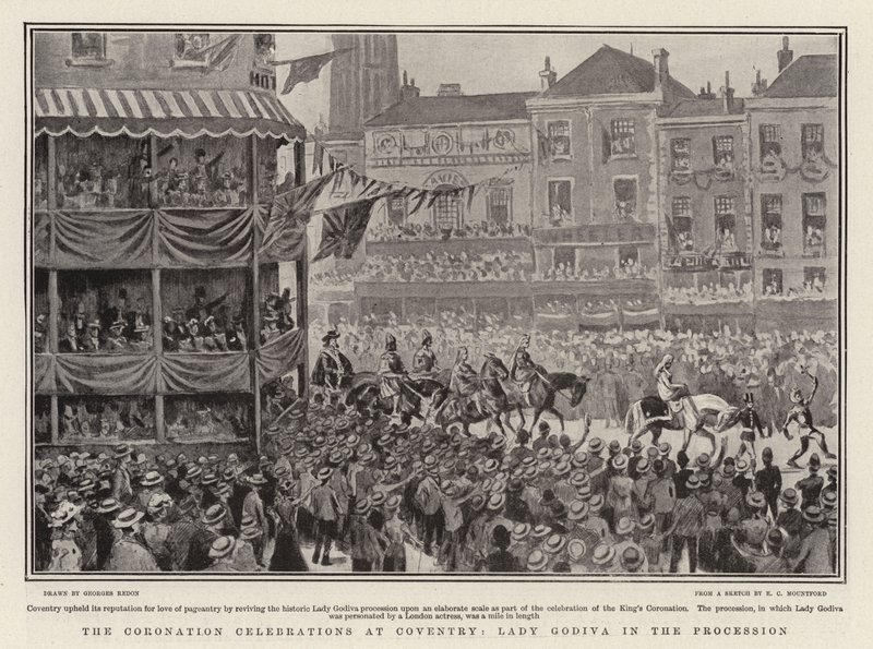 Die Krönungsfeierlichkeiten in Coventry, Lady Godiva in der Prozession, Lithografie von Georges Redon