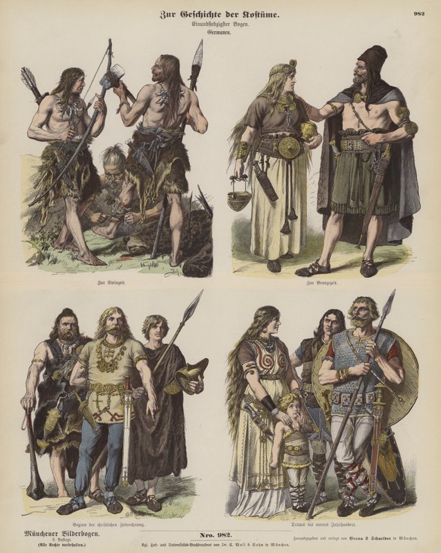 Alte germanische Kostüme (farbige Gravur) von German School
