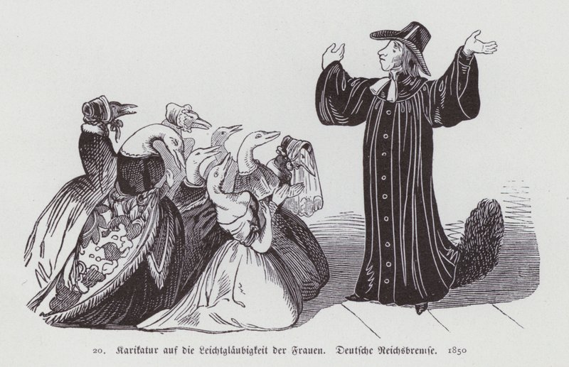 Deutsche Karikatur über die Leichtgläubigkeit der Frauen von German School