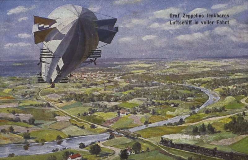 Luftschiff von Graf Ferdinand von Zeppelin im Flug von German School