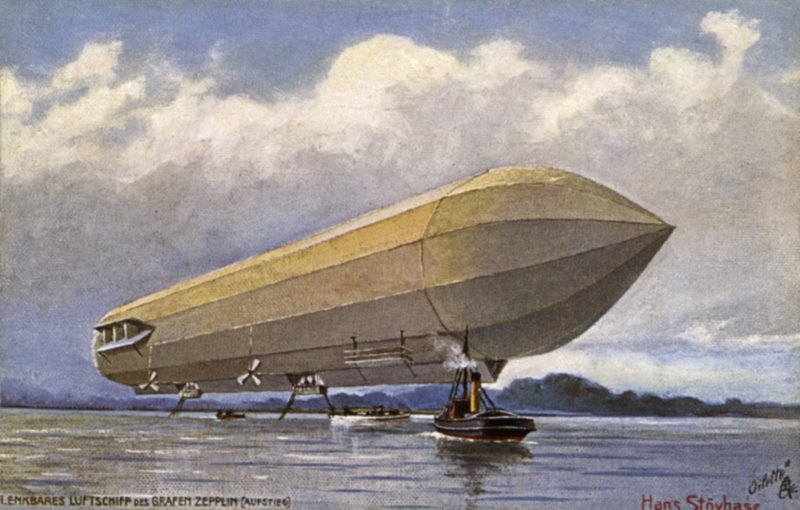 Zeppelin-Luftschiff startet von einem See von German School