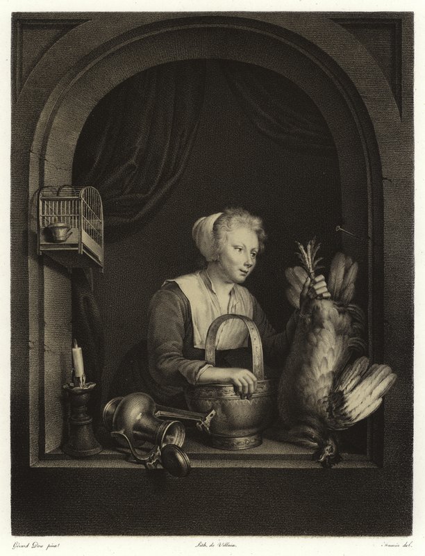 Eine Frau hängt ein Geflügel auf von Gerrit Dou