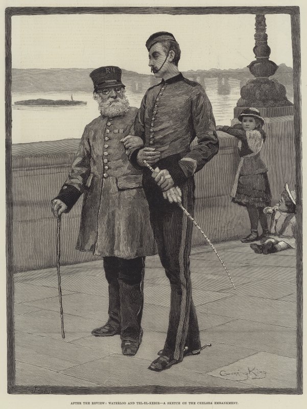 Nach der Überprüfung, Waterloo und Tel-el-Kebir, eine Skizze auf dem Chelsea Embankment von Gunning King