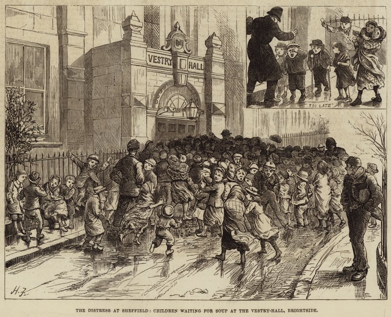 Die Not in Sheffield, Kinder warten auf Suppe in der Vestry-Hall, Brightside von Harry Furniss